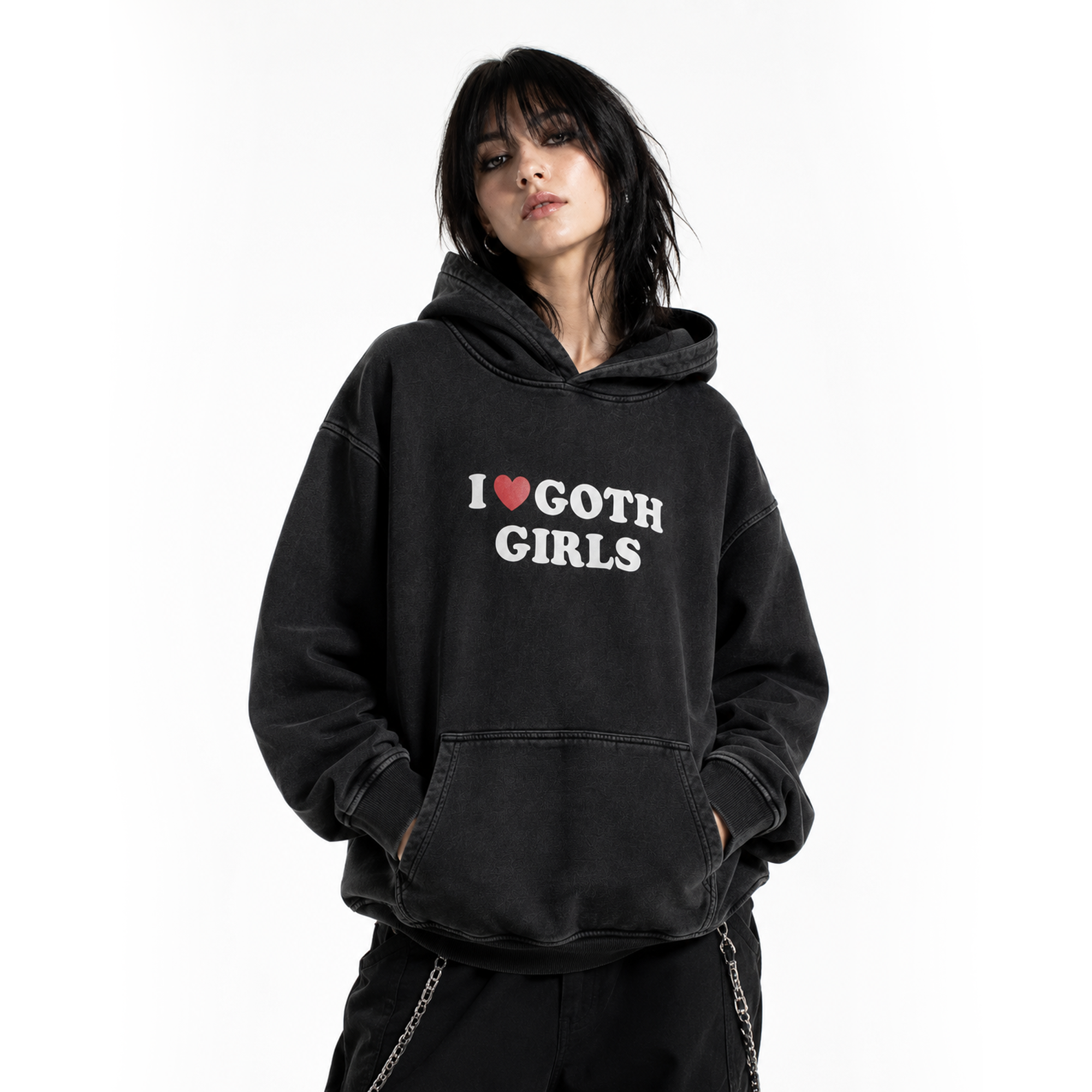 "I Heart Goth Girls" Snow Washed Loose Cotton Hoodie